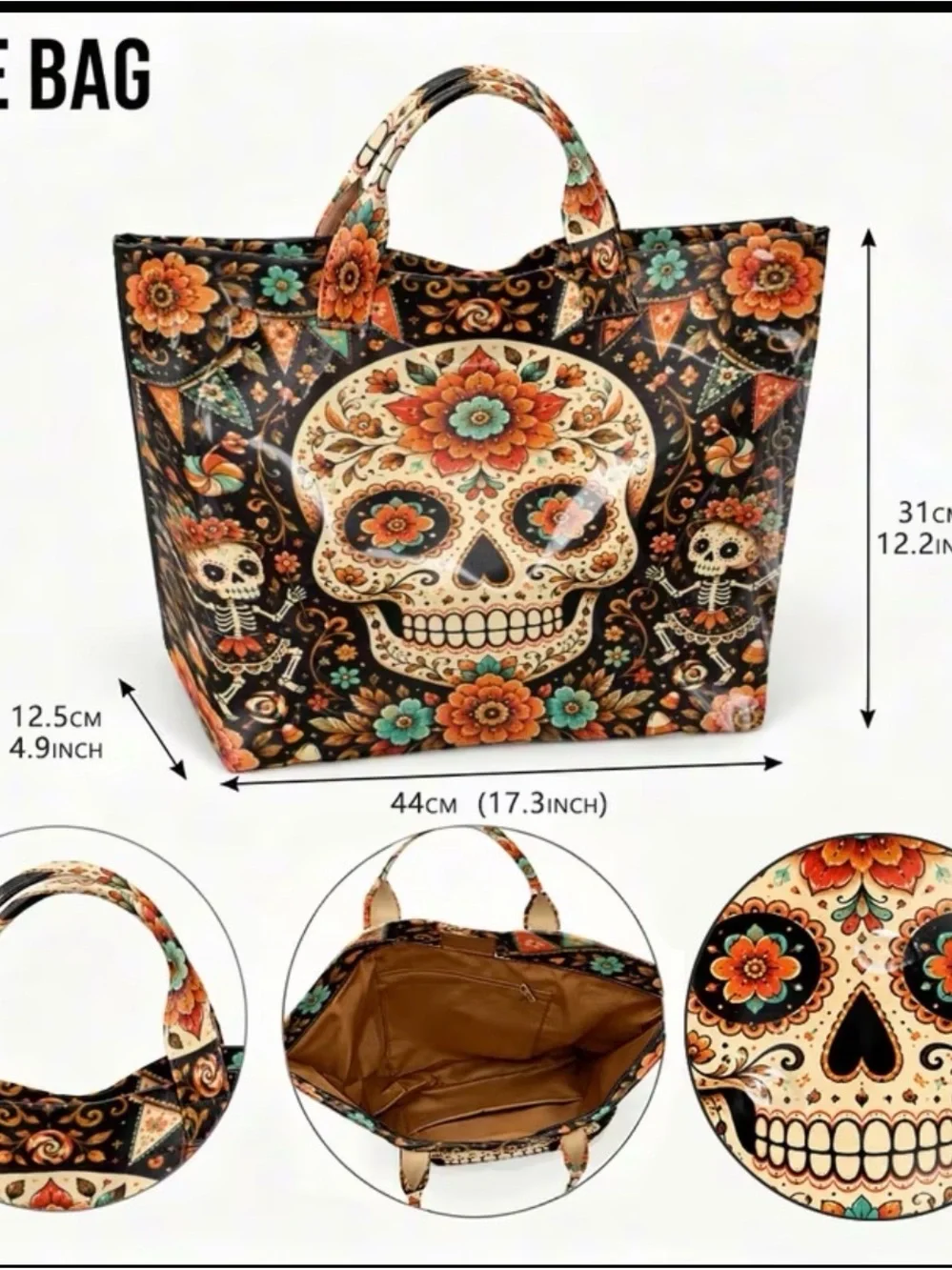 Day of the Dead Floral Skull Tote Bag